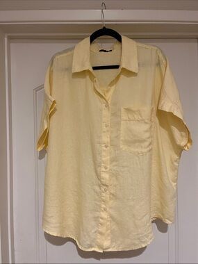 Women’s 100% Linen Quince  Light Yellow Short-Sleeve Button-Down Camp Shirt